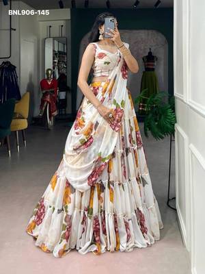 Off-White Chiffon Printed Floral Festive Party Wear Lehenga Choli Set 1