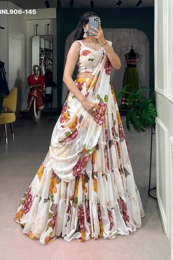 Off-White Chiffon Printed Floral Festive Party Wear Lehenga Choli Set