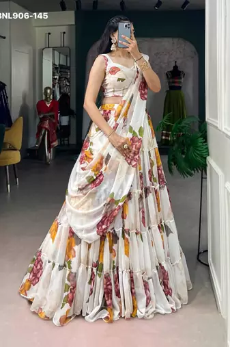Off-White Chiffon Printed Floral Festive Party Wear Lehenga Choli Set
