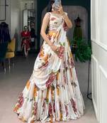 Off-White Chiffon Printed Floral Festive Party Wear Lehenga Choli Set