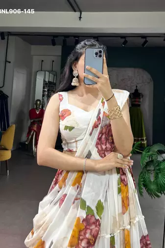 Off-White Chiffon Printed Floral Festive Party Wear Lehenga Choli Set