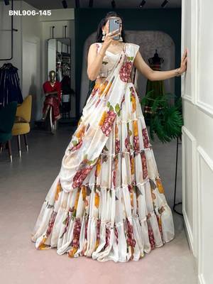 Off-White Chiffon Printed Floral Festive Party Wear Lehenga Choli Set 3