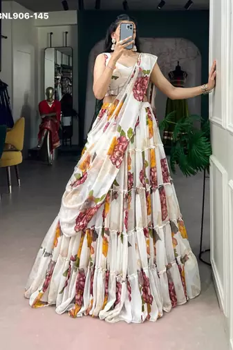 Off-White Chiffon Printed Floral Festive Party Wear Lehenga Choli Set