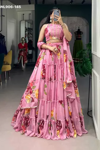 Pink Chiffon Printed Floral Sangeet Party Wear Lehenga Choli Set
