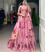 Pink Chiffon Printed Floral Sangeet Party Wear Lehenga Choli Set