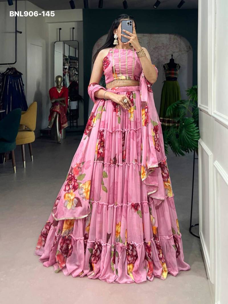 Pink Chiffon Printed Floral Sangeet Party Wear Lehenga Choli Set