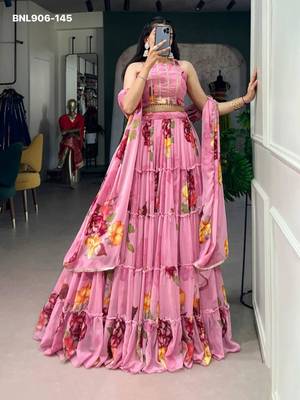 Pink Chiffon Printed Floral Sangeet Party Wear Lehenga Choli Set 2