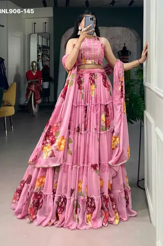 Pink Chiffon Printed Floral Sangeet Party Wear Lehenga Choli Set