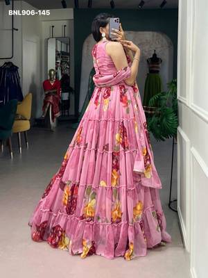 Pink Chiffon Printed Floral Sangeet Party Wear Lehenga Choli Set 3