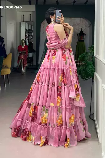 Pink Chiffon Printed Floral Sangeet Party Wear Lehenga Choli Set