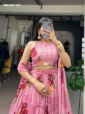 Pink Chiffon Printed Floral Sangeet Party Wear Lehenga Choli Set 4