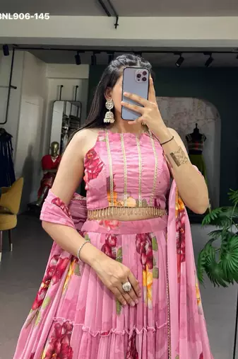Pink Chiffon Printed Floral Sangeet Party Wear Lehenga Choli Set