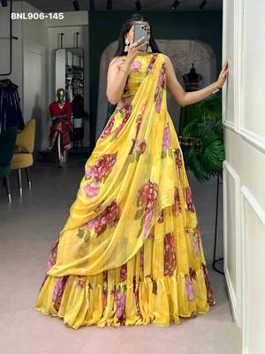 Yellow Chiffon Printed Floral Haldi Sangeet Lehenga Choli Set 1