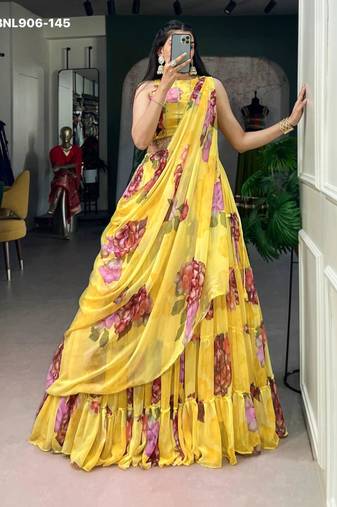 Yellow Chiffon Printed Floral Haldi Sangeet Lehenga Choli Set