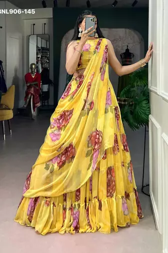 Yellow Chiffon Printed Floral Haldi Sangeet Lehenga Choli Set