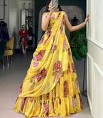 Yellow Chiffon Printed Floral Haldi Sangeet Lehenga Choli Set