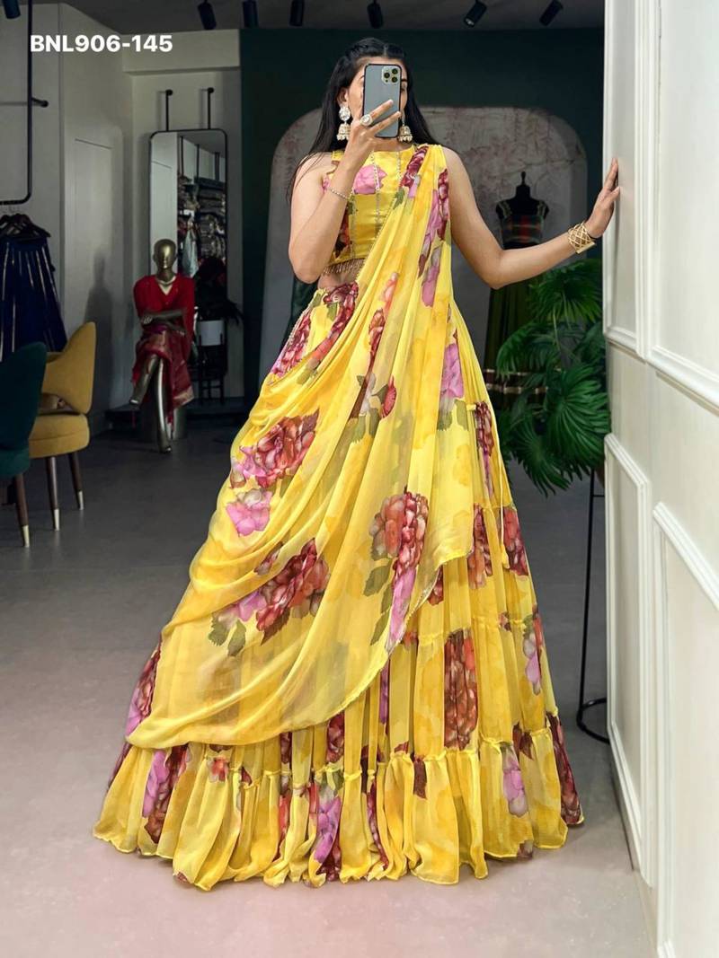 Yellow Chiffon Printed Floral Haldi Sangeet Lehenga Choli Set