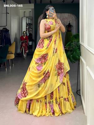 Yellow Chiffon Printed Floral Haldi Sangeet Lehenga Choli Set 2