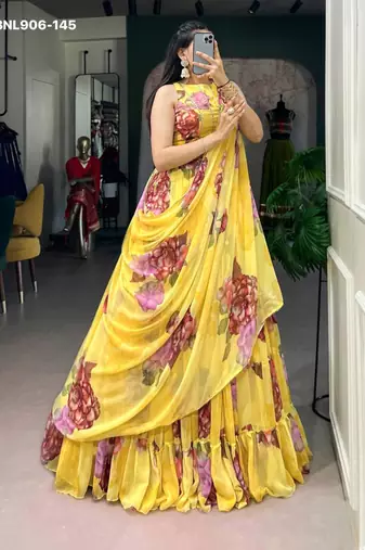 Yellow Chiffon Printed Floral Haldi Sangeet Lehenga Choli Set