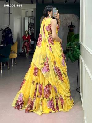 Yellow Chiffon Printed Floral Haldi Sangeet Lehenga Choli Set 3
