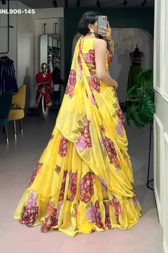 Yellow Chiffon Printed Floral Haldi Sangeet Lehenga Choli Set