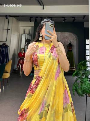 Yellow Chiffon Printed Floral Haldi Sangeet Lehenga Choli Set 4