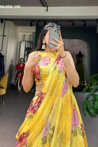 Yellow Chiffon Printed Floral Haldi Sangeet Lehenga Choli Set