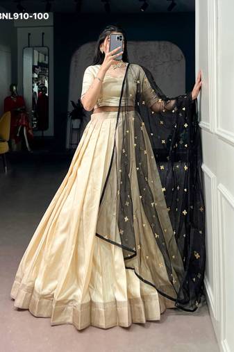 Beige Silk Blend Plain Traditional Wedding Party Wear Lehenga Choli Set