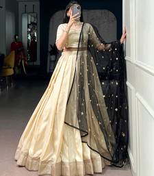 Beige Silk Blend Plain Traditional Wedding Party Wear Lehenga Choli Set