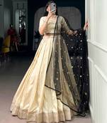 Beige Silk Blend Plain Traditional Wedding Party Wear Lehenga Choli Set
