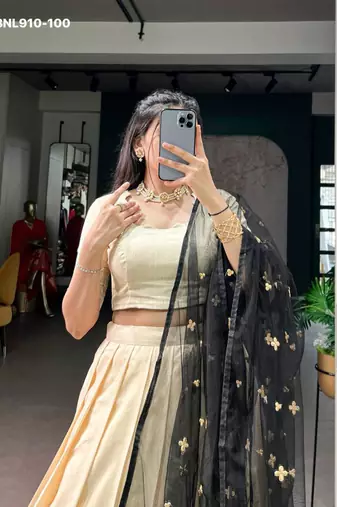 Beige Silk Blend Plain Traditional Wedding Party Wear Lehenga Choli Set