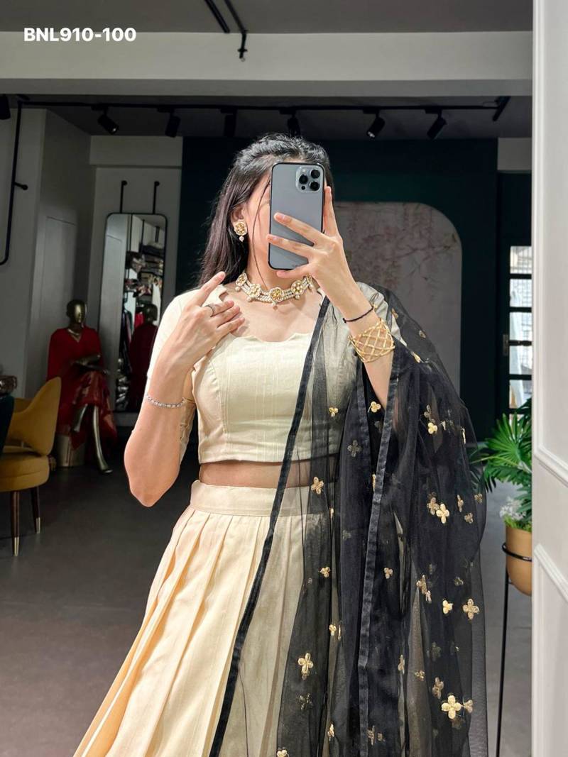 Beige Silk Blend Plain Traditional Wedding Party Wear Lehenga Choli Set