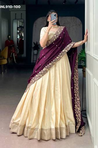 Beige Silk Blend Plain Traditional Sangeet Lehenga Choli Set