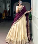Beige Silk Blend Plain Traditional Sangeet Lehenga Choli Set