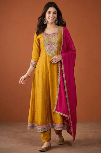 Embroidery Vichitra Silk Fabric Flared Anarkali Pant and Dupatta Set