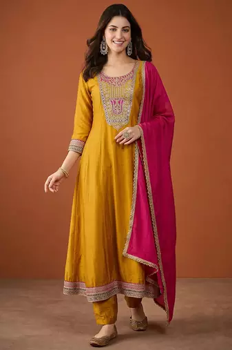 Embroidery Vichitra Silk Fabric Flared Anarkali Pant and Dupatta Set