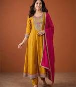 Embroidery Vichitra Silk Fabric Flared Anarkali Pant and Dupatta Set