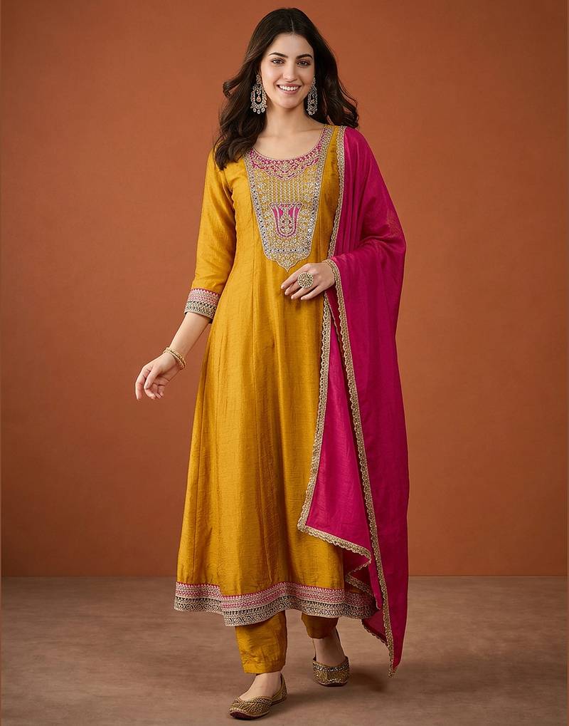Embroidery Vichitra Silk Fabric Flared Anarkali Pant and Dupatta Set