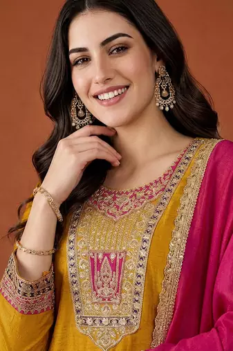 Embroidery Vichitra Silk Fabric Flared Anarkali Pant and Dupatta Set