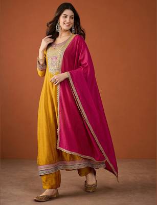 Embroidery Vichitra Silk Fabric Flared Anarkali Pant and Dupatta Set 3