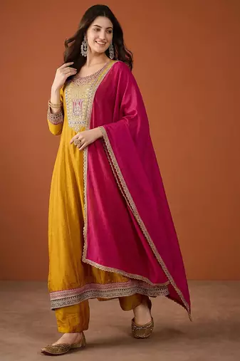 Embroidery Vichitra Silk Fabric Flared Anarkali Pant and Dupatta Set