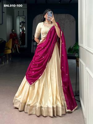 Beige Silk Blend Plain Festive Wedding Party Wear Lehenga Choli Set 1