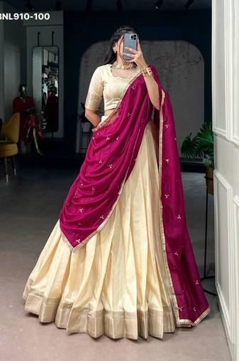 Beige Silk Blend Plain Festive Wedding Party Wear Lehenga Choli Set