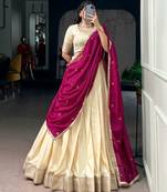 Beige Silk Blend Plain Festive Wedding Party Wear Lehenga Choli Set