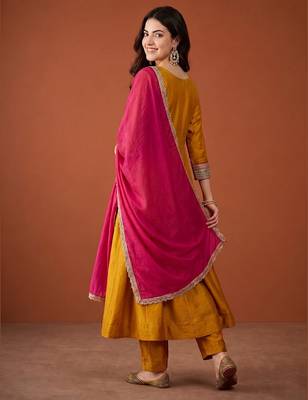 Embroidery Vichitra Silk Fabric Flared Anarkali Pant and Dupatta Set 4