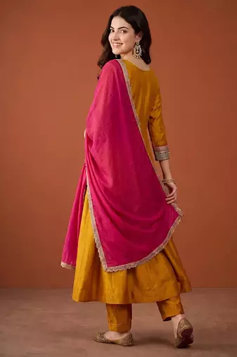 Embroidery Vichitra Silk Fabric Flared Anarkali Pant and Dupatta Set