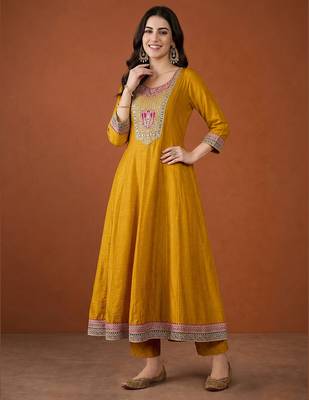 Embroidery Vichitra Silk Fabric Flared Anarkali Pant and Dupatta Set 5