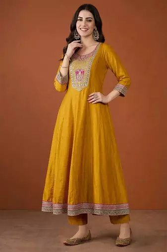 Embroidery Vichitra Silk Fabric Flared Anarkali Pant and Dupatta Set
