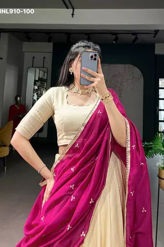Beige Silk Blend Plain Festive Wedding Party Wear Lehenga Choli Set