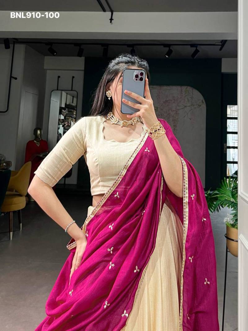 Beige Silk Blend Plain Festive Wedding Party Wear Lehenga Choli Set